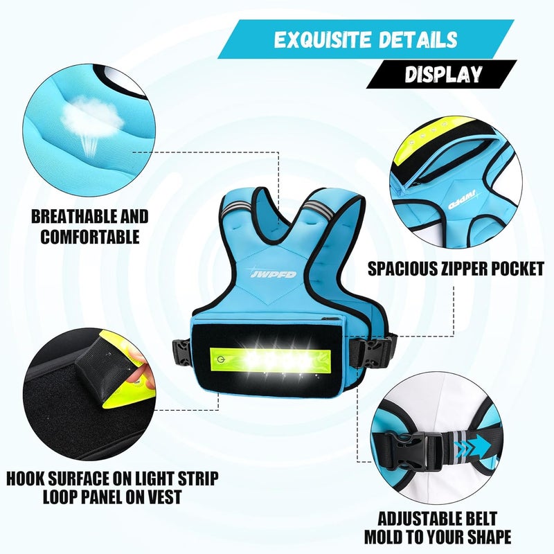 JWPFD Adjustable Weighted Vest for Women Men, 6-15 Lbs/12-18 Lbs Rucking Vest with LED Light Strips, Weight Vest with 6 Ironsand Weights, and Zipper Pocket for Strength Training, Walking, Running - Image 4